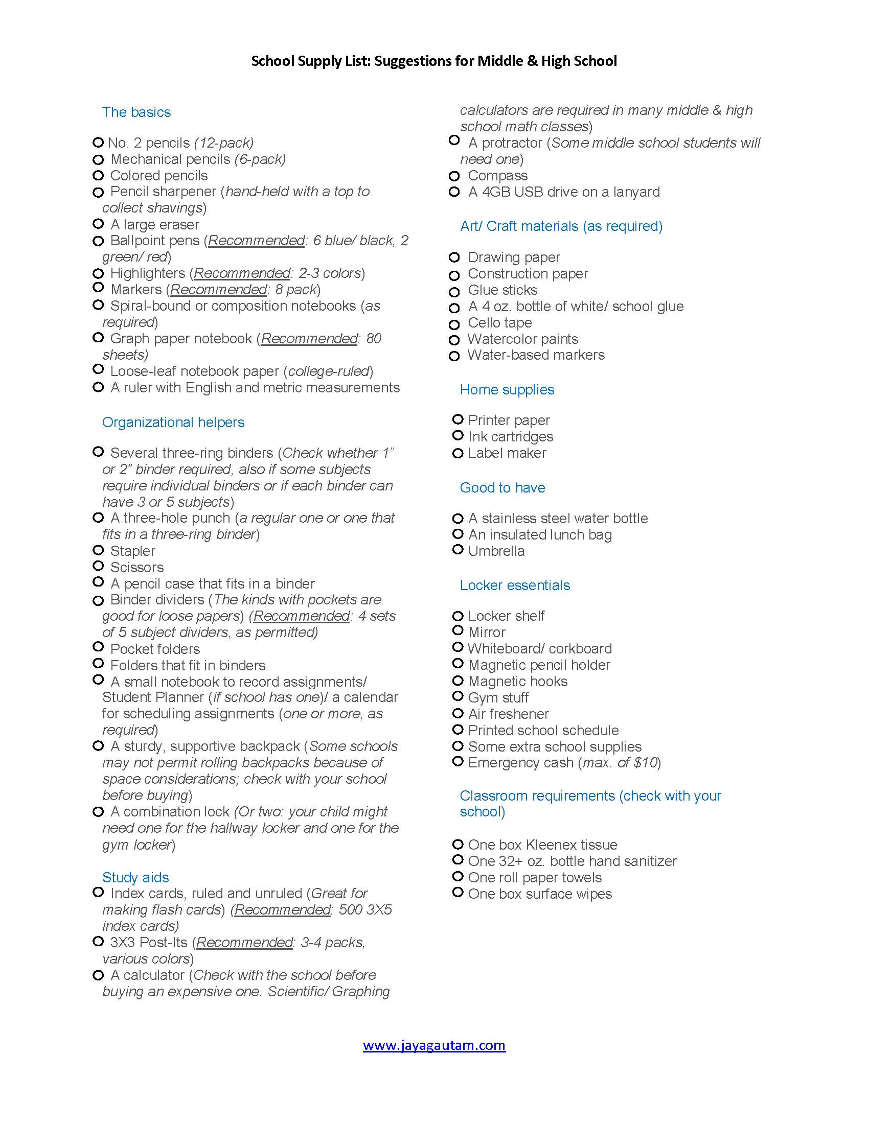 Eastern Heights Middle School Supply List